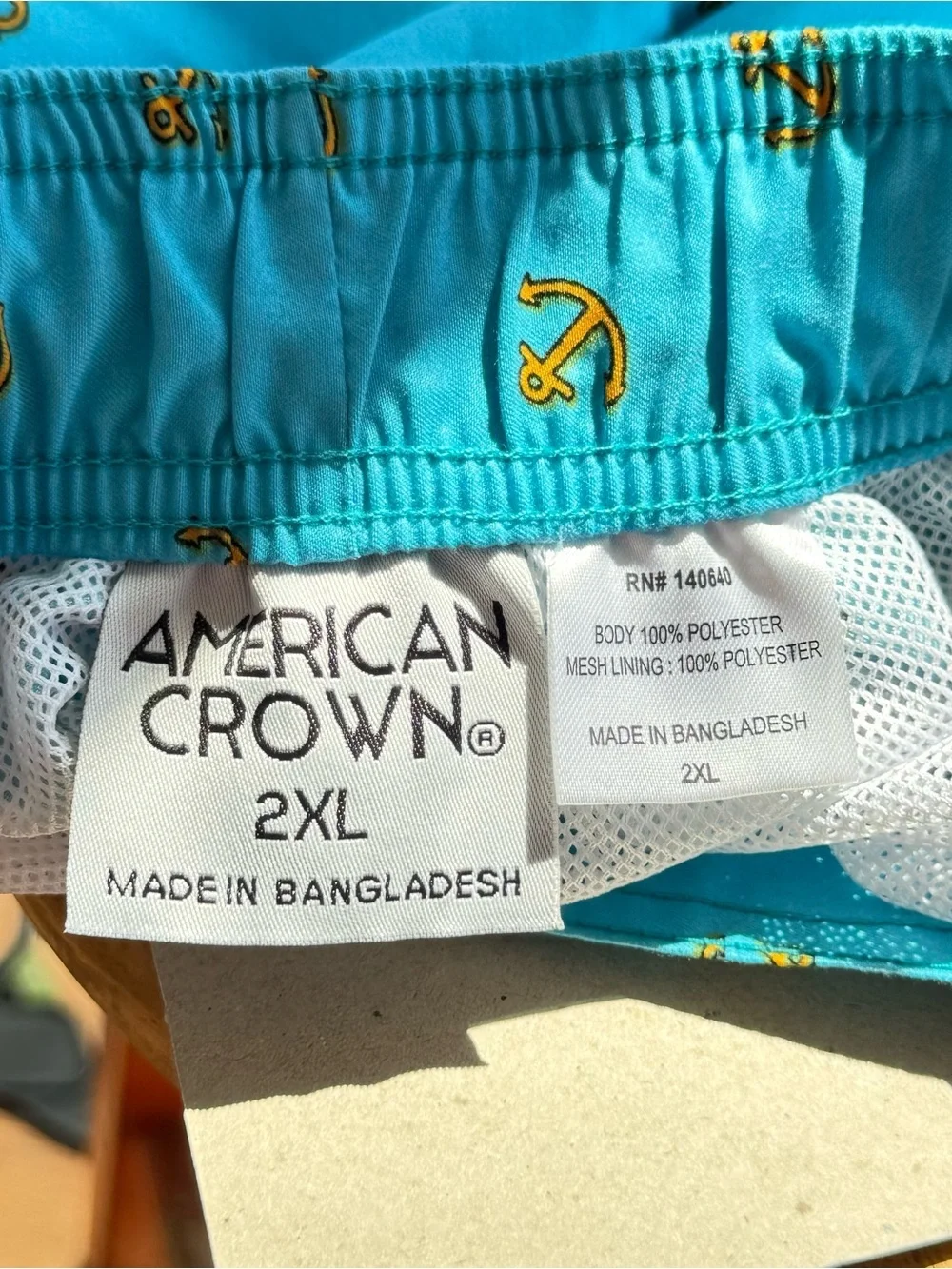American Crown Mens 2XL Swim Trunks Cape May Anchor Hook & Loop Fly No Pockets